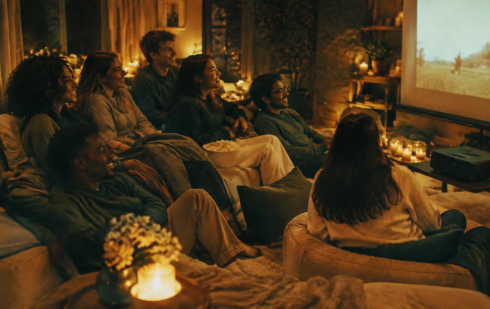 Friends watching a movie together by candlelight